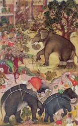 Akbar inspecting the wild elephant captured from the herd near Malwa, from the Akbarnama, Mughal, c.1590-95